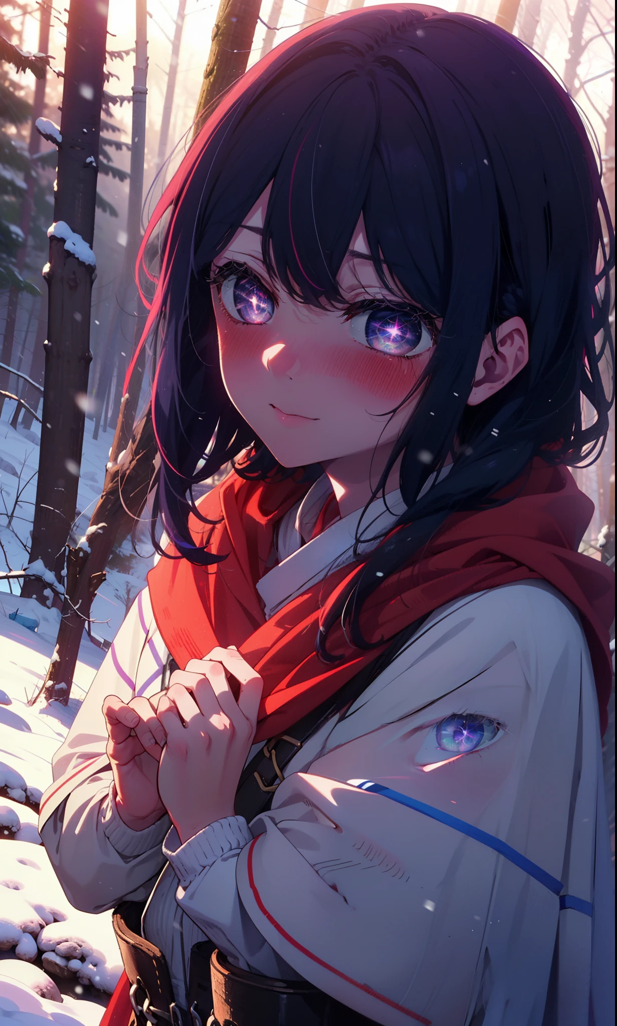 aihoshino, Ai Hoshino, Long Hair, bangs, (Purple eyes:1.1), Purple Hair, (Symbol-shaped pupil:1.5), smile,,smile,blush,White Breath,
Open your mouth,snow,Ground bonfire, Outdoor, boots, snowing, From the side, wood, suitcase, Cape, Blurred, , forest, White handbag, nature,  Squat, Mouth closed, Cape, winter, Written boundary depth, Black shoes, red Cape break looking at viewer, Upper Body, whole body, break Outdoor, forest, nature, break (masterpiece:1.2), Highest quality, High resolution, unity 8k wallpaper, (shape:0.8), (Beautiful and beautiful eyes:1.6), Highly detailed face, Perfect lighting, Extremely detailed CG, (Perfect hands, Perfect Anatomy),