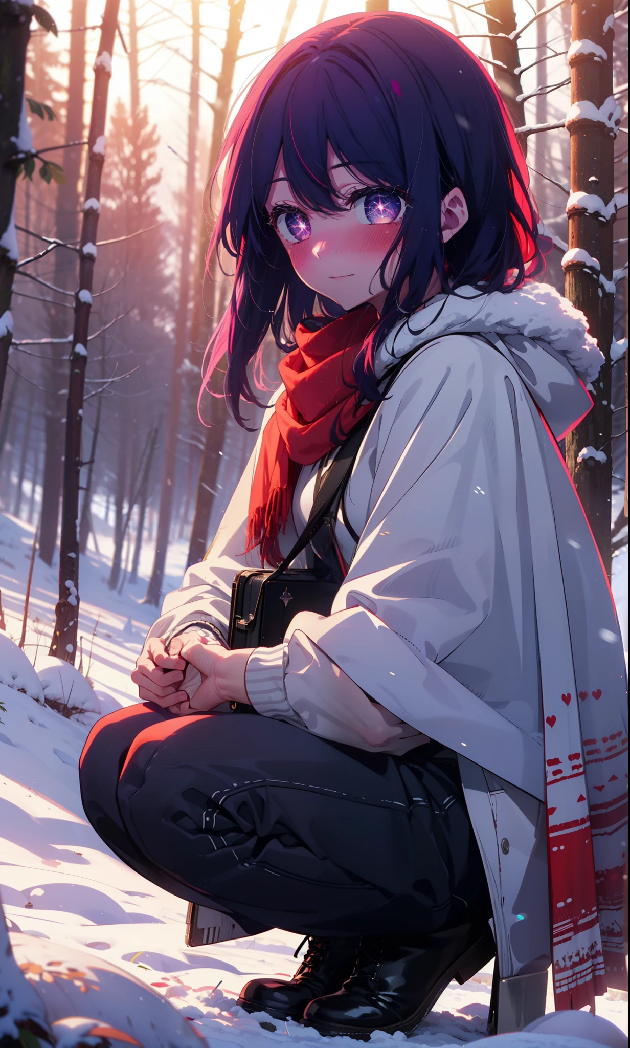 aihoshino, Ai Hoshino, Long Hair, bangs, (Purple eyes:1.1), Purple Hair, (Symbol-shaped pupil:1.5), smile,,smile,blush,White Breath,
Open your mouth,snow,Ground bonfire, Outdoor, boots, snowing, From the side, wood, suitcase, Cape, Blurred, , forest, White handbag, nature, Squat, Mouth closed, Cape, winter, Written boundary depth, Black shoes, red Cape break looking at viewer, Upper Body, whole body, break Outdoor, forest, nature, break (masterpiece:1.2), Highest quality, High resolution, unity 8k wallpaper, (shape:0.8), (Beautiful and beautiful eyes:1.6), Highly detailed face, Perfect lighting, Extremely detailed CG, (Perfect hands, Perfect Anatomy),