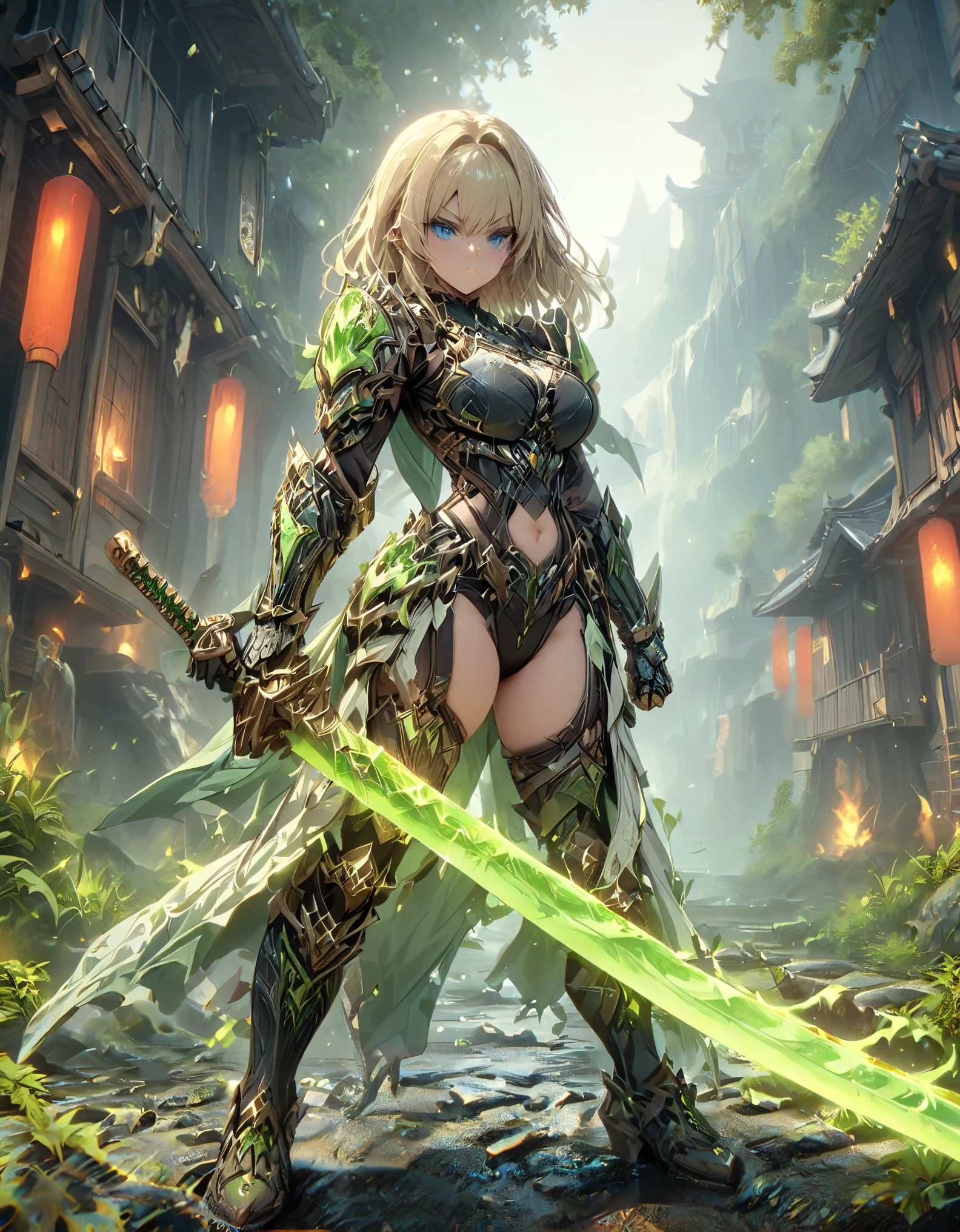masterpiece, best quality, 1girl, blonde_hair, blue_eyes, boots, long white overcloat, breasts, clenched hand, clenched hands, crop top, full body, gloves, knee boots, medium hair, medium breasts, midriff, navel, bob hair, solo, standing, thighhighs, turtleneck, black leotard, ninja, (holding a samurai sword, katana, glowing sword), burning japanese village backdrop, danger atmosphere, grim, stance, full body with costume