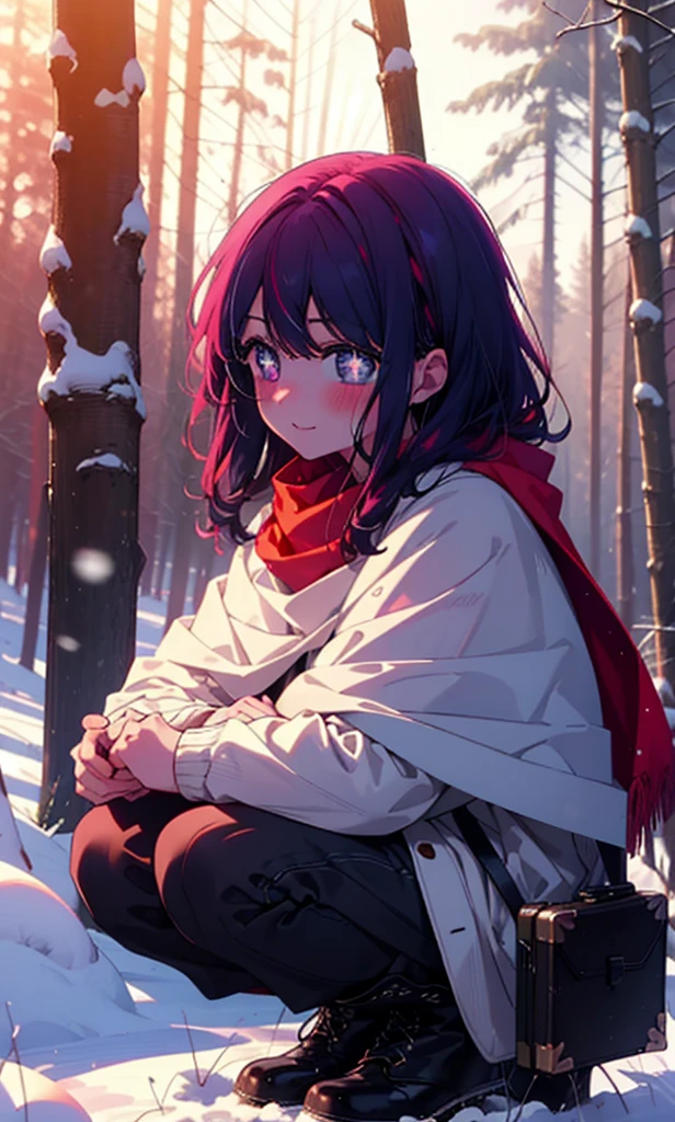 aihoshino, Ai Hoshino, Long Hair, bangs, (Purple eyes:1.1), Purple Hair, (Symbol-shaped pupil:1.5), smile,,smile,blush,White Breath,
Open your mouth,snow,Ground bonfire, Outdoor, boots, snowing, From the side, wood, suitcase, Cape, Blurred, , forest, White handbag, nature,  Squat, Mouth closed, Cape, winter, Written boundary depth, Black shoes, red Cape break looking at viewer, Upper Body, whole body, break Outdoor, forest, nature, break (masterpiece:1.2), Highest quality, High resolution, unity 8k wallpaper, (shape:0.8), (Beautiful and beautiful eyes:1.6), Highly detailed face, Perfect lighting, Extremely detailed CG, (Perfect hands, Perfect Anatomy),