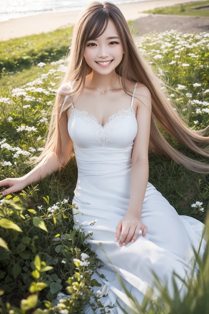 high quality шедевр, photo, detailing, blonde, big eyes, meadow with flowers flooded with light, hyperrealism, detailing, high quality, A glade of flowers, sunlight, wind, Short dress, smile,