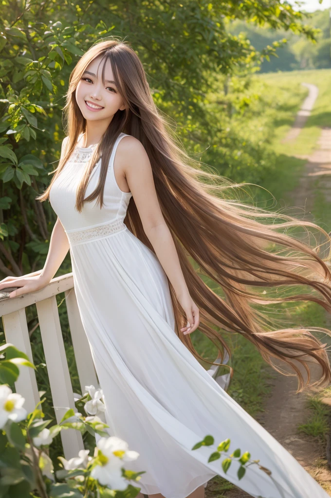 Tabletop, Highest quality, Super detailed, In detail, High resolution, 8k wallpaper, Perfect dynamic composition, Natural color lip,(Wearing a long white dress:1.3),(Long Hair:1.3),I want to convey a fun atmosphere.,20-year-old girl,(smile:1.3)、Beautiful hair in the morning sun