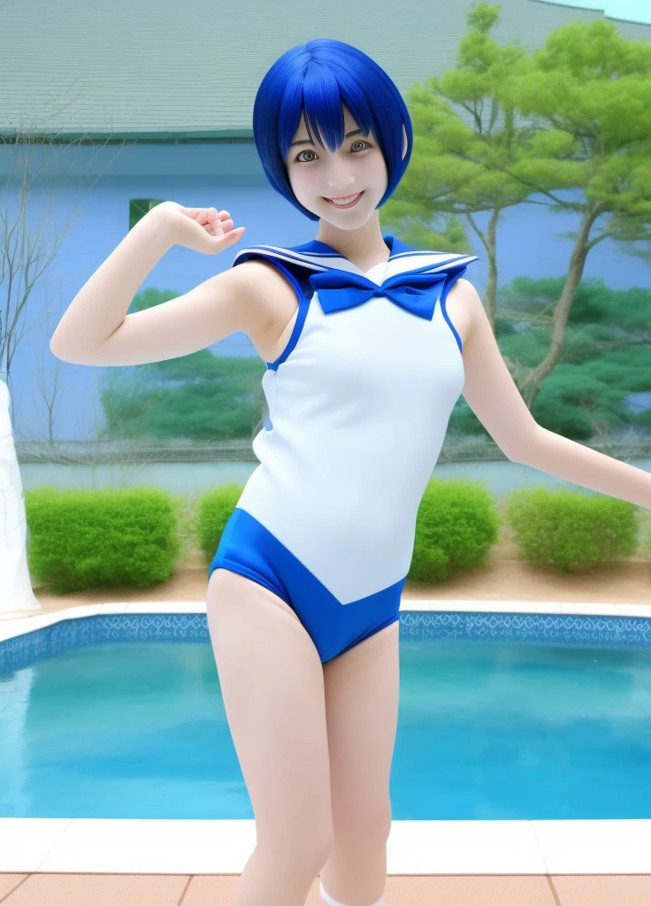 8k,Japanese, junior High School girl,1 person, age 15, Sailor Mercury, cosplay ,blue short hair, poolside, smile