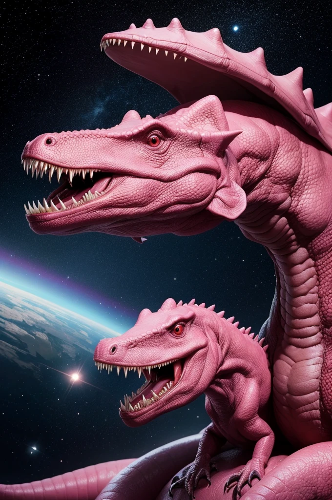 Make a pink leather carnivorous dinosaur born on a distant galaxy planet