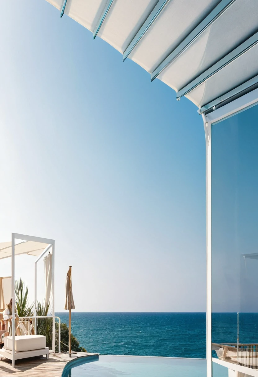 there is a woman standing on a deck Overlooking the sea, Awnings, Canopies, looking at the ocean, Next to it is the reflected ocean, Overlooking the sea, In the seaside environment, Award-winning shadows, The award-winning&quot;, Close to the sea, Award-winning masterpiece, Sea view, Looking to the horizon, looking at the ocean