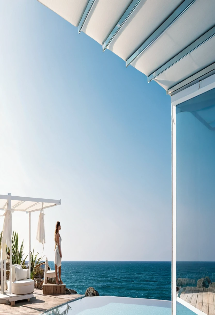 there is a woman standing on a deck Overlooking the sea, Awnings, Canopies, looking at the ocean, Next to it is the reflected ocean, Overlooking the sea, In the seaside environment, Award-winning shadows, The award-winning&quot;, Close to the sea, Award-winning masterpiece, Sea view, Looking to the horizon, looking at the ocean