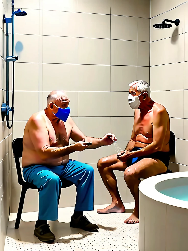 Batman, wearing only a mask, sits in front of a skinny old man named Alfred and gives him a blowjob in the shower.