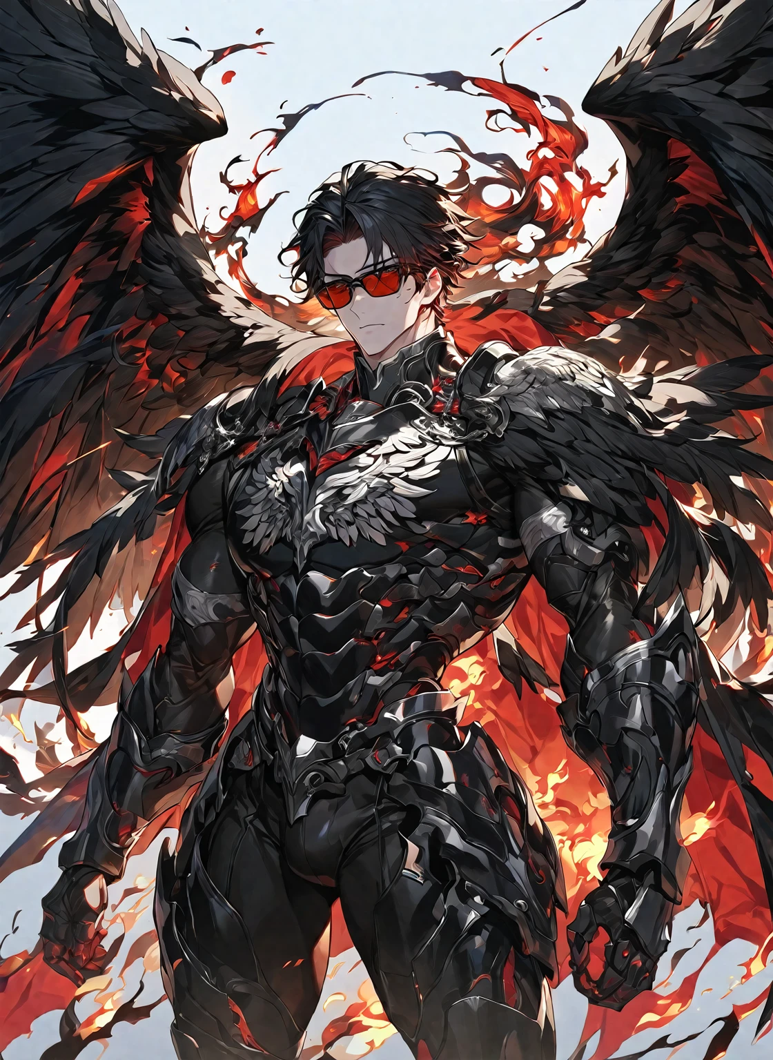 Best quality, One, handsome, 1 man, tall man, with a sporty body, V-shaped body, wide shoulders, black detailed armor with glowing white details, 10 black angel wings, long Black hair covered with Fire Coals, bright White White eyes, around it Black fire with shades of red, bloody threads