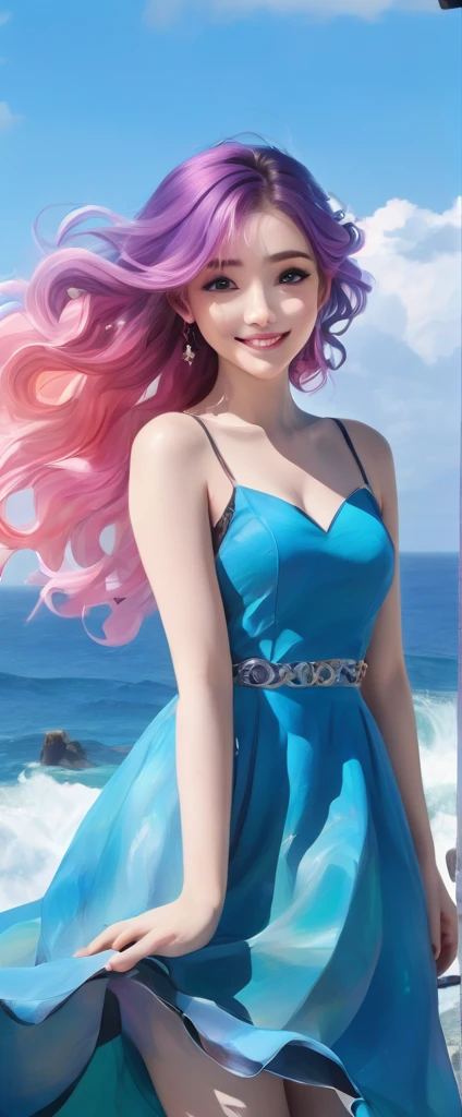 A stunning portrait of a 17-year-old girl with rainbow-coloured hair, a mix of blue and pink, under a brilliant sky on a sunny summer day、A breathtaking view unfolds。Half blue and half pink、A girl with colorful, flowing hair、Standing with a captivating smile。Long curls cascading down in golden waves、Frames bright sky blue eyes。Red and black repair dress 1.Wearing a voluminous 2-meter skirt、Captivate the audience with elegance。The dress was torn in many places、It is revealed