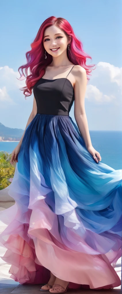 A stunning portrait of a  with rainbow-coloured hair, a mix of blue and pink, under a brilliant sky on a sunny summer day、A breathtaking view unfolds。Half blue and half pink、A girl with colorful, flowing hair、Standing with a captivating smile。Long curls cascading down in golden waves、Frames bright sky blue eyes。Red and black repair dress 1.Wearing a voluminous 2-meter skirt、Captivate the audience with elegance。The dress was torn in many places、It is revealed