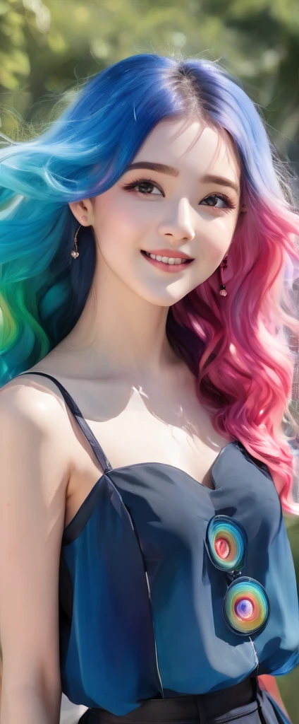 A stunning portrait of a 17-year-old girl with rainbow-coloured hair, a mix of blue and pink, under a brilliant sky on a sunny summer day、A breathtaking view unfolds。Half blue and half pink、A girl with colorful, flowing hair、Standing with a captivating smile。Long curls cascading down in golden waves、Frames bright sky blue eyes。Red and black repair dress 1.Wearing a voluminous 2-meter skirt、Captivate the audience with elegance。The dress was torn in many places、It is revealed