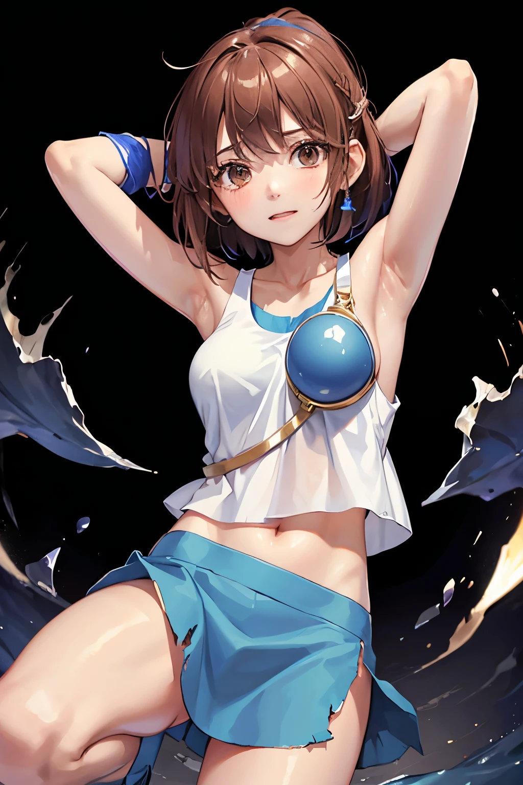 （（（ＳＦＷ、sound、Highest quality、first-clasasterpiece、Normal body、8K、Detailed face、Ultra-precision、Normal hand、Normal finger、５Finger、Highest）））、beautiful girl、Brown Hair、Bobcut、slender、low length、thin feet、Arles Naja、Puyo Puyo、Sorcerer、Blue short-sleeved shirt、White tank top、Tank top over shirt、Blue mini skirt、Half shoulder pad、Half Breastplate、blush、Dungeons、Spread your legs、Torn garments、ripped tank top、Ripped shirt、Torn skirt、Skirt flipped up、Skirt disheveled、You can see the pure white pants、He is surprised that his clothes have been torn apart.、Exposed skin、Place your arms behind your head