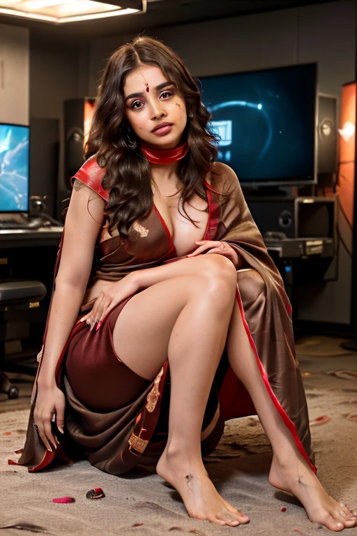 ((best quality)), ((masterpiece)), (detailed),The Portrait of Indian women with black face mask sitting on a gaming chair with both the hand on gaming laptop(((hands on laptop in gaming studio, without any tilt , sitting straight , wearing full traditional red saree (((cover full body )))in gaming room . Detailed and symmetrical face with detailed messy hairs and big chest. The room is full of RGB light and a tv on a back wall. The model is looking straight towards camera , sitting in centre position(((sitting straight towards camera no tilt with straight head ))) with Crossed legs , wide image . Centred , Hyper resolution and natural skin texture 8K
