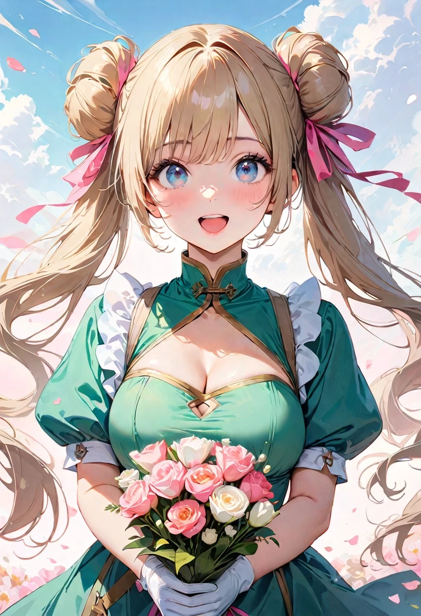 30 years old,1 mature woman,hyperrealistic, 8k, (extremely detailed 8k), (very delicate and beautiful), (masterpiece), (better quality:1.0), (ultra high resolution:1.0), (masterpiece, best quality), cute,blonde,cleavage cutout,(broen dress:1.3),gleaming skin,twintails,twin bun,a pink ribbon on the head,long hair,pastel green chinese maid dress,pastel green chinese dress,white long gloves,hold a bouquet of flowers,face and body straight at the camera,a bunch of flowers,POV,bust shot,white frill,puffy sleeves,laugh with open mouth,tareme,sky blue eyes,short truffle half apron,a gold buckle around someones neck,white corset,pink background