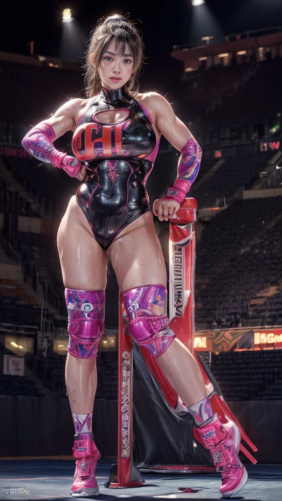 Female professional wrestler、Fighting Pose、expensive、smile、((In the Ring))、((Spotlight))、(((Big stadium)))、((Super big breasts))、((Super tight uniform))、Wristband、(((A flashy costume with a bizarre pattern)))、((Elbow Support))、((Knee support))、I can see your muscles、Hairstyle with bangs、((Sweat))、((Match venue))、Very beautiful woman、((Female Athletes))、(Detailed face)、Realistic Skin、((Delicate photo)),(Girl masterpiece RAW photo details:1.25), (Highest quality:1.6), (Ultra-high resolution:1.5), (Realistic:1.75), 8K resolution,50mm, Absurd, Super detailed,Cinema Lighting、