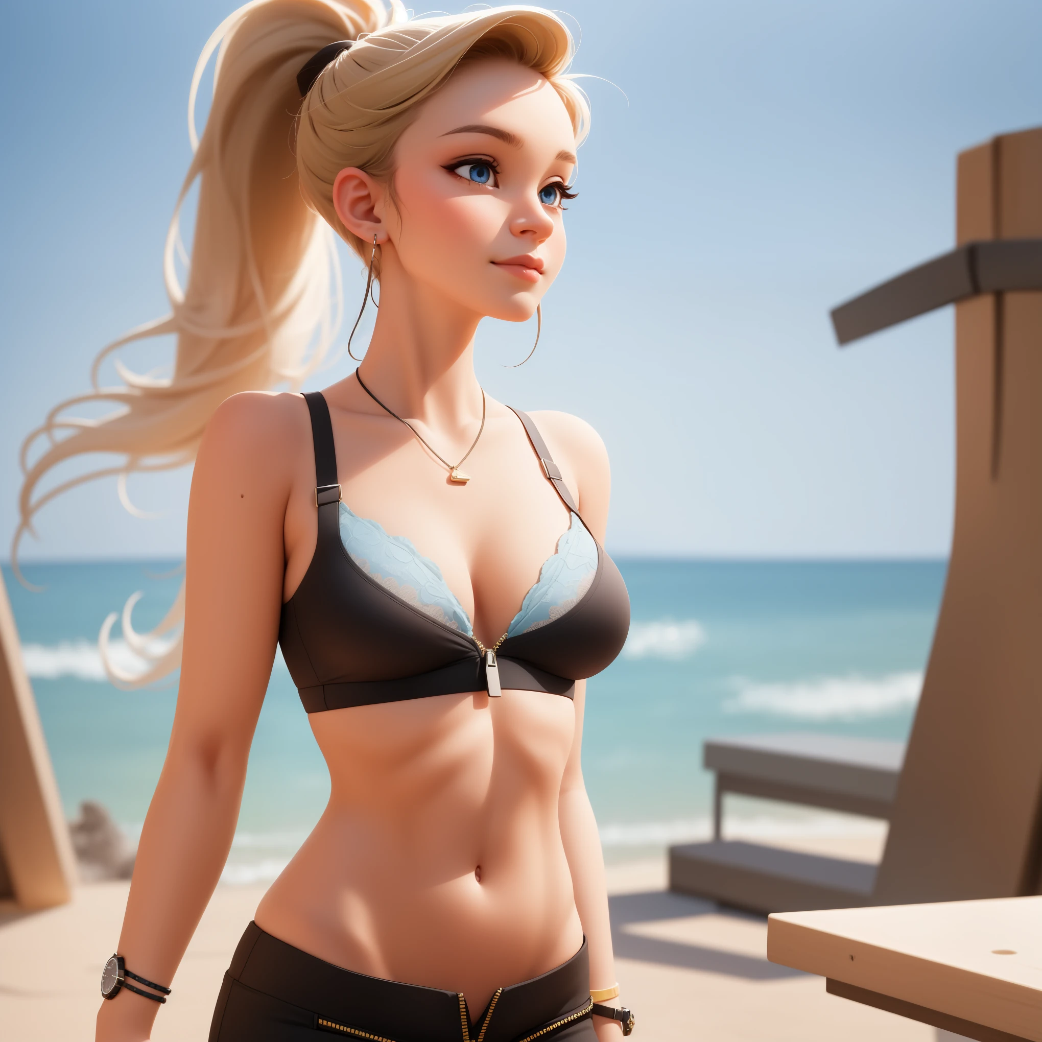 (masterpiece, best quality, ultra-detailed, highres, 4k),(beautiful detailed eyes),(very detailed face),(1girl),HDR,long hair, black shorts, blue eyes, blonde hair, bracelet, sports bra, jewelry, watch, lips, solo focus, nail polish, ponytail, blurry background, smirk, wristwatch, realistic, unzipped and unbuttoned shorts