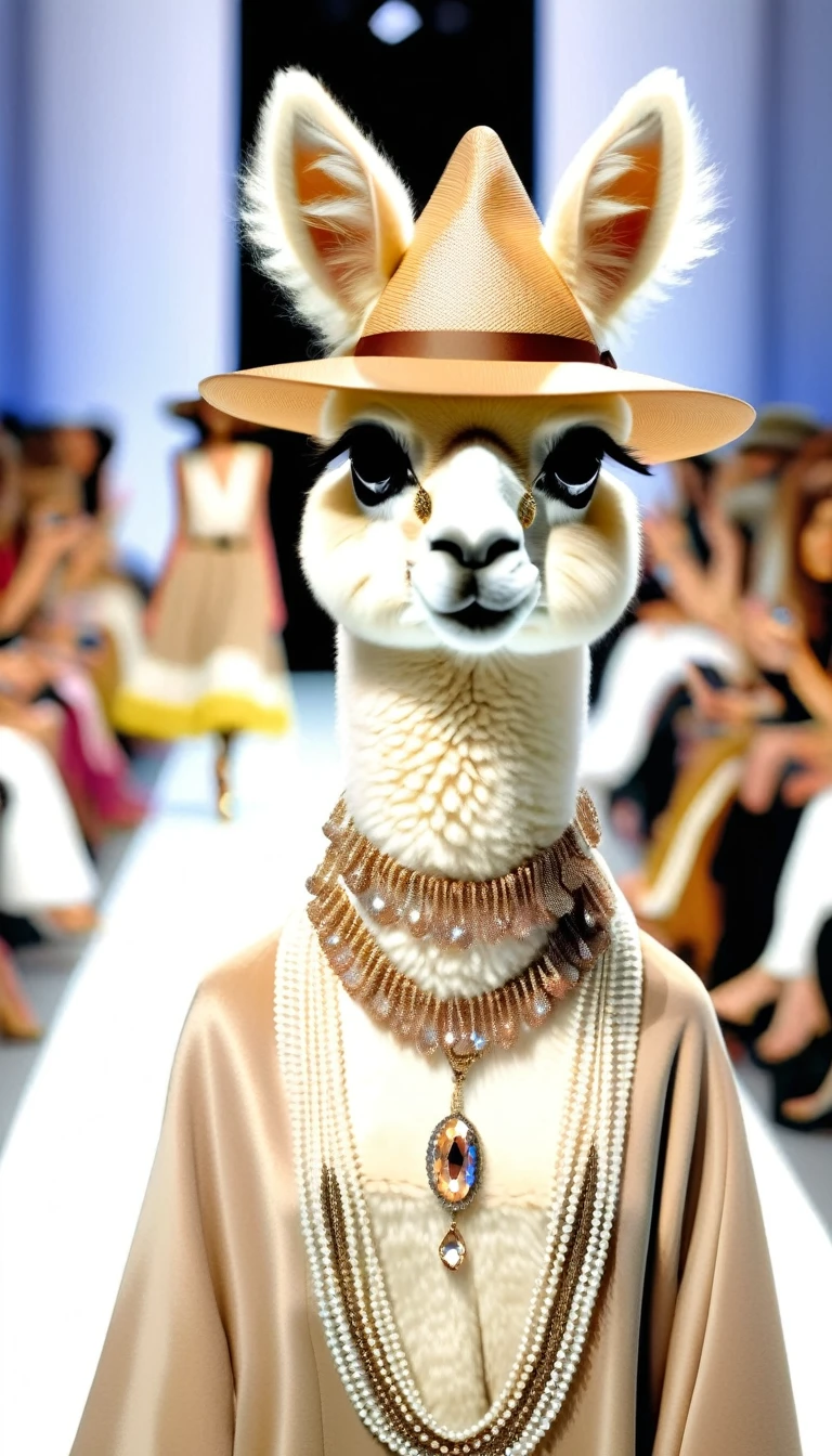 （Cute alpaca fashion show）,Alpaca is anthropomorphized with makeup，whole body，Fashion trends for summer 2024，Khaki，milky，Charming Alpaca，Enchanting Alpaca，Walking on a catwalk，Dynamic poses，Cool，Cute big eyes，necklace，hat，Fashion，Cartoon，in style of Cosplay fashion design , portrait，background：Fashion show catwalks