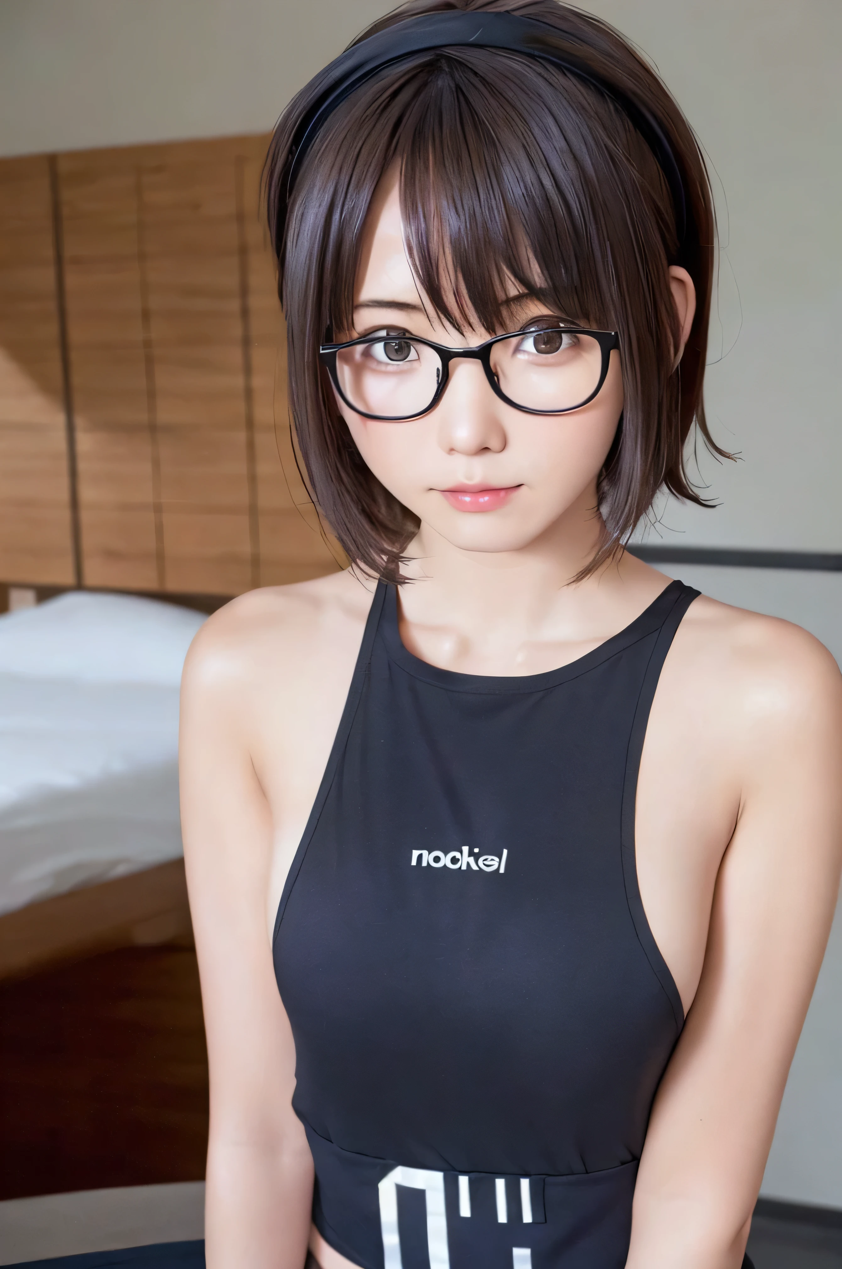 (masterpiece, Highest quality, It captures a very cute moment, Depth of written boundary, Super detailed, Ultra-high resolution, C4D, Octadale, 3D Modeling,Realistic human photos、 8K, 16K, One Girl,Middle school students, Small breasts,Black Hair,short hair,Straight Hair,Light brown eyes,White headband,Wearing black glasses,Cute face), Bloomers, Black tank top, zettai ryouiki, Wet clothes,Classroom Nights,Moonlight, Good elevator, Take off、Real-life skin、Not an anime、Realistic、Not an illustration