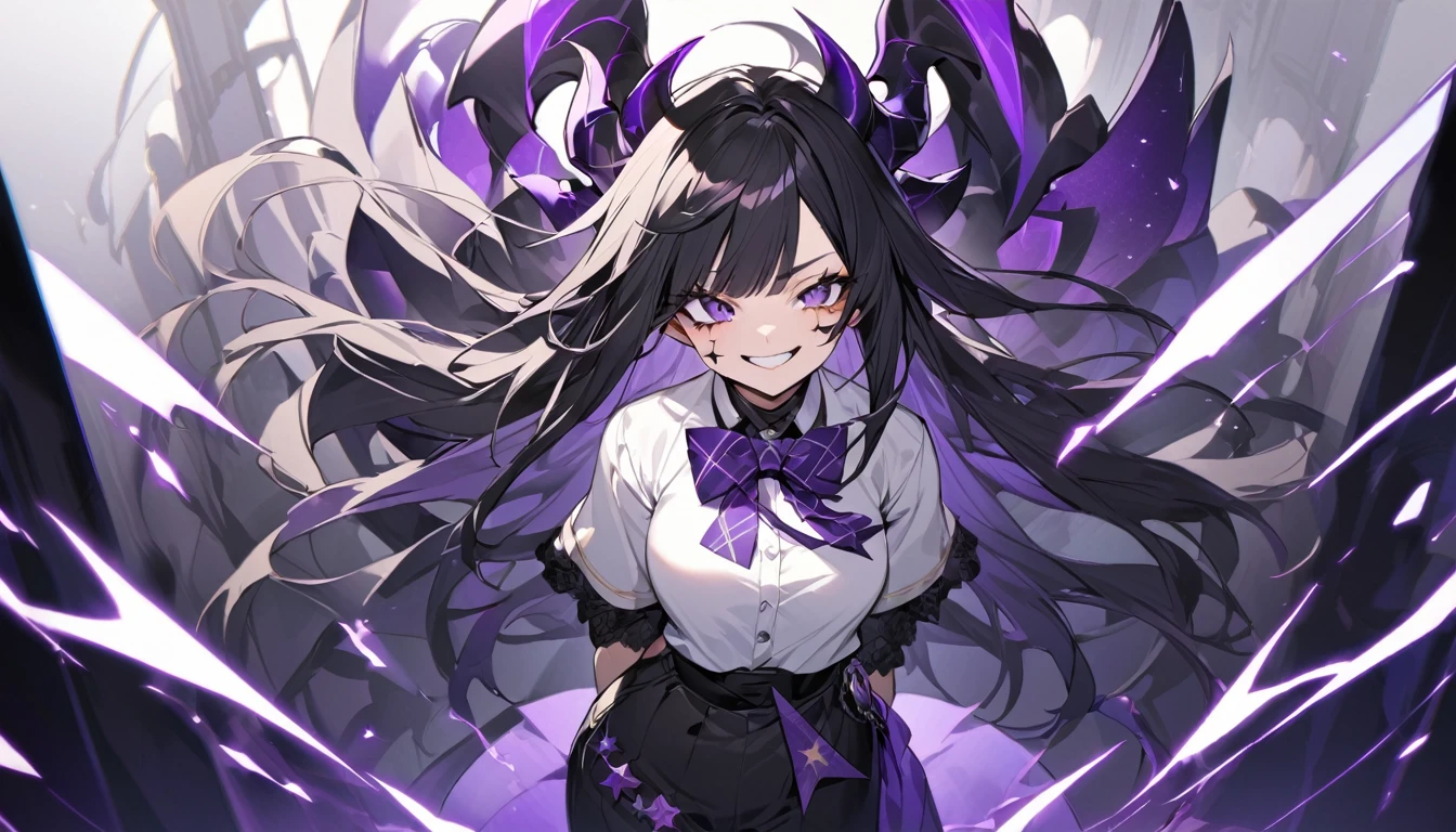 girl with long black hair with straight bangs, with hair cut at the ends. Two large strands in the front, one bigger than the other. A rebel thread. A small white streak in your bangs. Two demon horns, one purple and one black, both with a dark purple star. one black eye and one purple eye. A purple star on your right cheek. black wide pants. All star shoe. Full white shirt with a bow tie with a star in the middle, with short sleeves. a big chest . Grinning. She is a star demon. She is standing looking at the camera. In one of his eyes a star in the black eye case, in the black eye and just black. Sex girl. Sex girl. One black eye and one purple eye.