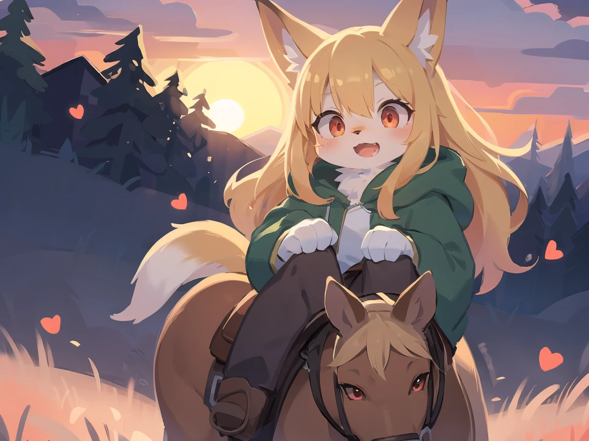  the fox, , was hairy, shaggy, skin fur, smooth lashes, golden fur, forelimb hands, straight long blonde hair, solid circle eyes, golden ears, golden fur, golden facial fur, shiny hair, red eyes,  heart-shaped eyes, super cute face, 1fox tail, fluffy tail, furry tail, glowing eyes, green coat green hood down, brown trousers, riding young horse, open mouth, pain face, embarrassed, ambient light, ultra-fine fur, dashed eyes, full body, masterpiece, high quality, high-details, best quality,  (((solo))), twilight, sun light, red sky, rim light