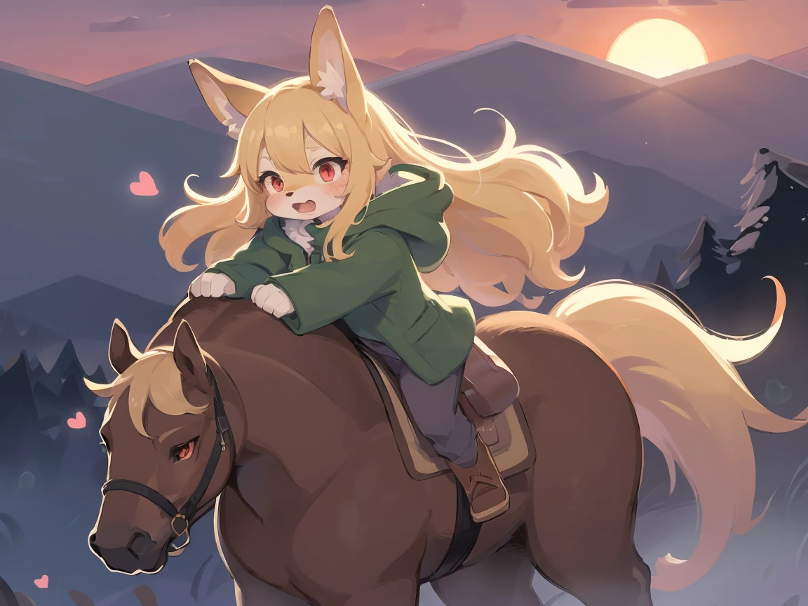  the fox, , was hairy, shaggy, skin fur, smooth lashes, golden fur, forelimb hands, straight long blonde hair, solid circle eyes, golden ears, golden fur, golden facial fur, shiny hair, red eyes,  heart-shaped eyes, super cute face, 1fox tail, fluffy tail, furry tail, glowing eyes, green coat green hood down, brown trousers, riding young horse, open mouth, pain face, embarrassed, ambient light, ultra-fine fur, dashed eyes, full body, masterpiece, high quality, high-details, best quality,  (((solo))), twilight, sun light, red sky, rim light