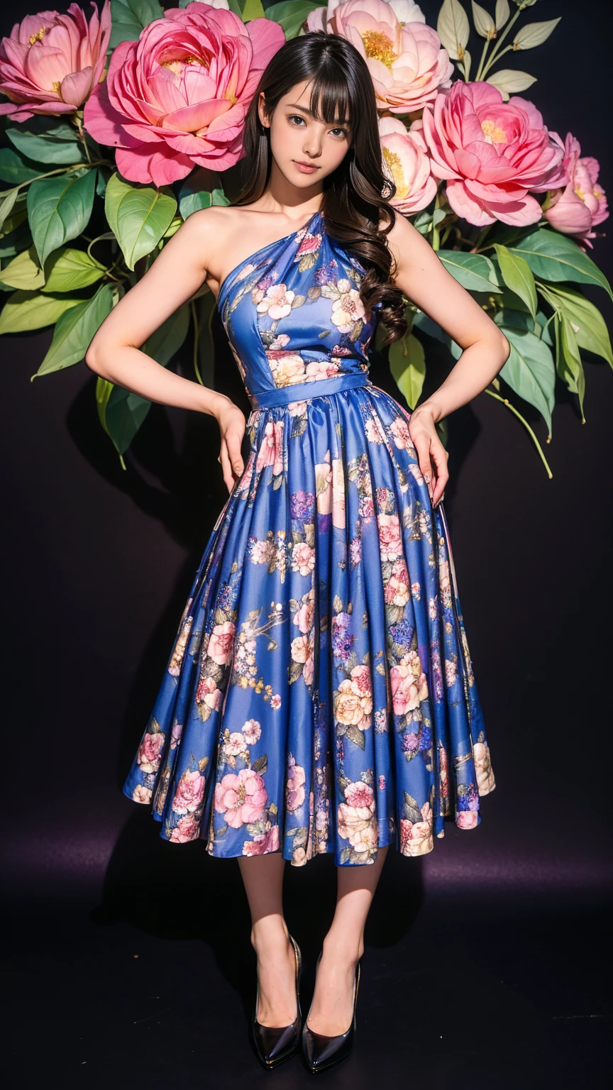 ((masterpiece)),(((Highest quality))),Thin thighs,Long legs,whole body:1.5,(One Girl:1.3),(Black pantyhose and thick pointy heels:1.3),(Wearing a floral long skirt dress:1.2),Short Blonde:1.2、Model pose,