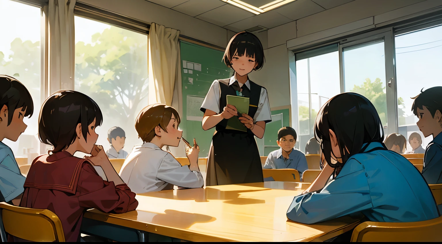 Plainclothes elementary school students,4 people,meal,Happily,Summer vacation,1 female teacher,The background has a fantasy feel