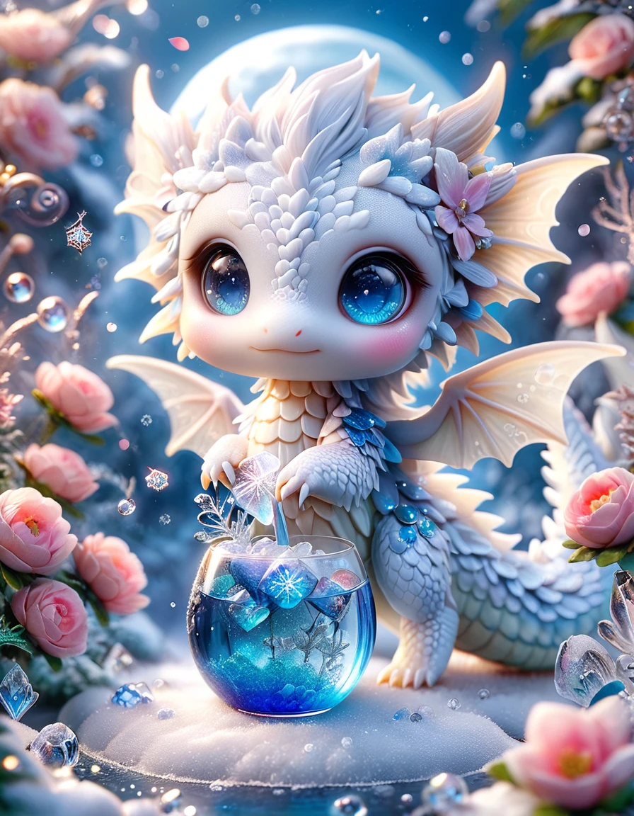 Ultra detailed, HDR, Highres, absurdres, master piece, white dragon, expressive blue eyes, small dragon, glass, ice glittering butterflies, ice, petals, pink ice glass flowers, cute, glittering, water, fantasy, magical, snowflakes, cold, crescent moon crystal