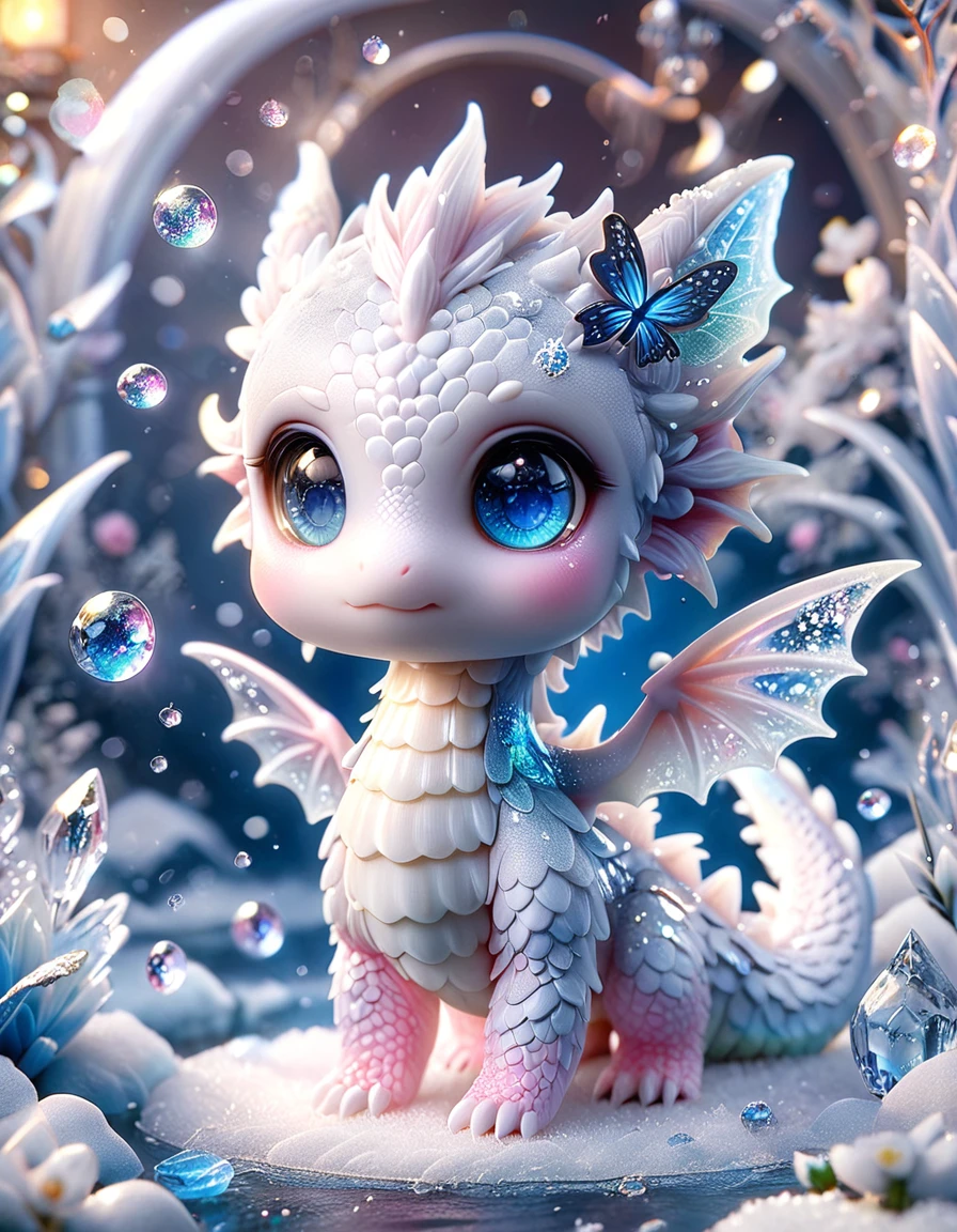 Ultra detailed, HDR, Highres, absurdres, master piece, white dragon, expressive blue eyes, small dragon, glass, ice glittering butterflies, ice, petals, pink ice glass flowers, cute, glittering, water, fantasy, magical, snowflakes, cold, crescent moon crystal