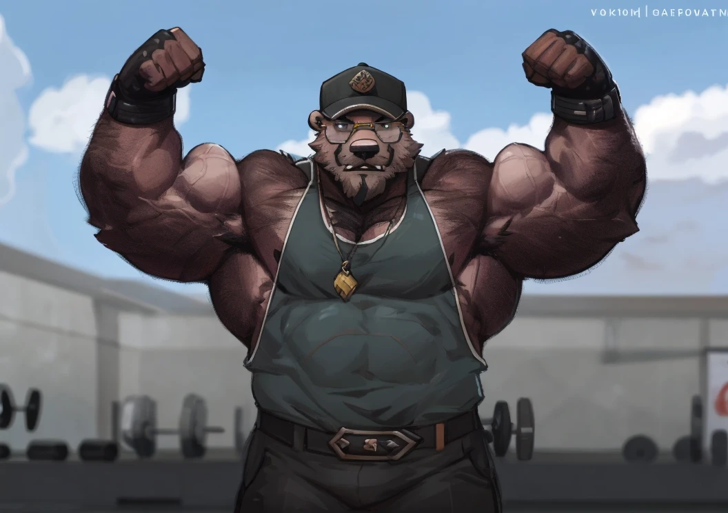 solo, 1boy, Huge Middle aged Muscular Old Grizzly Bear Daddy wearing glasses, hat, pectoral, huge pectoral, wide pectoral, short pants black wristbands gloves and tank top, waistbelt, bearded, Mustache, gym background, frontside, masterpiece, high detailed, 8k, high resolution, at the gym working out his chests, flexing his biceps