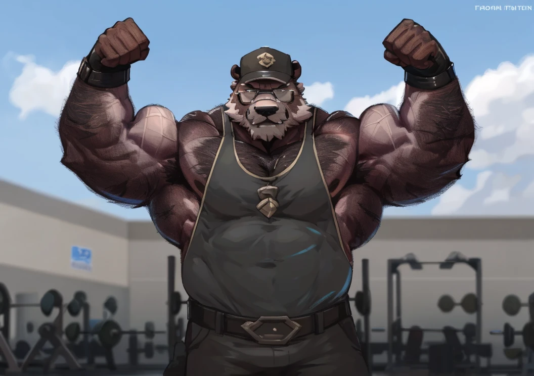 solo, 1boy, Huge Middle aged Muscular Old Grizzly Bear Daddy wearing glasses, hat, pectoral, huge pectoral, wide pectoral, short pants black wristbands gloves and tank top, waistbelt, bearded, Mustache, gym background, frontside, masterpiece, high detailed, 8k, high resolution, at the gym working out his chests, flexing his biceps