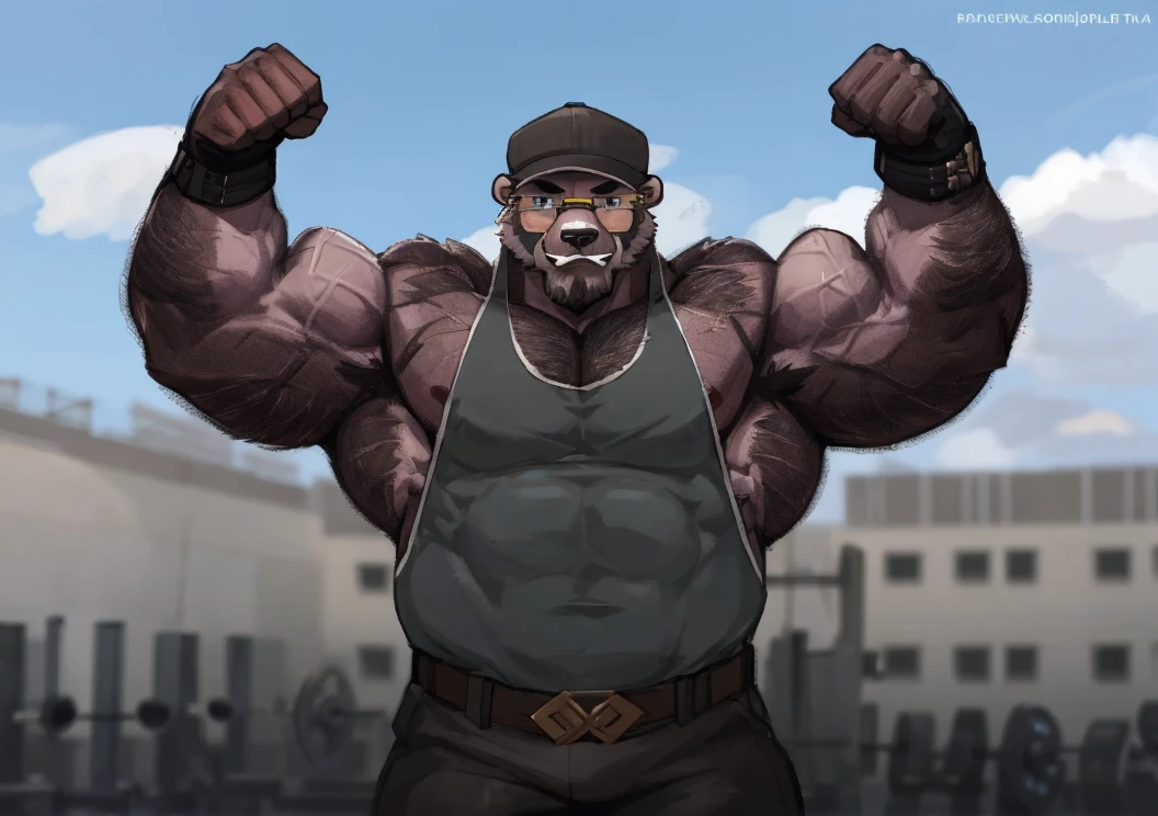 solo, 1boy, Huge Middle aged Muscular Old Grizzly Bear Daddy wearing glasses, hat, pectoral, huge pectoral, wide pectoral, short pants black wristbands gloves and tank top, waistbelt, bearded, Mustache, gym background, frontside, masterpiece, high detailed, 8k, high resolution, at the gym working out his chests, flexing his biceps