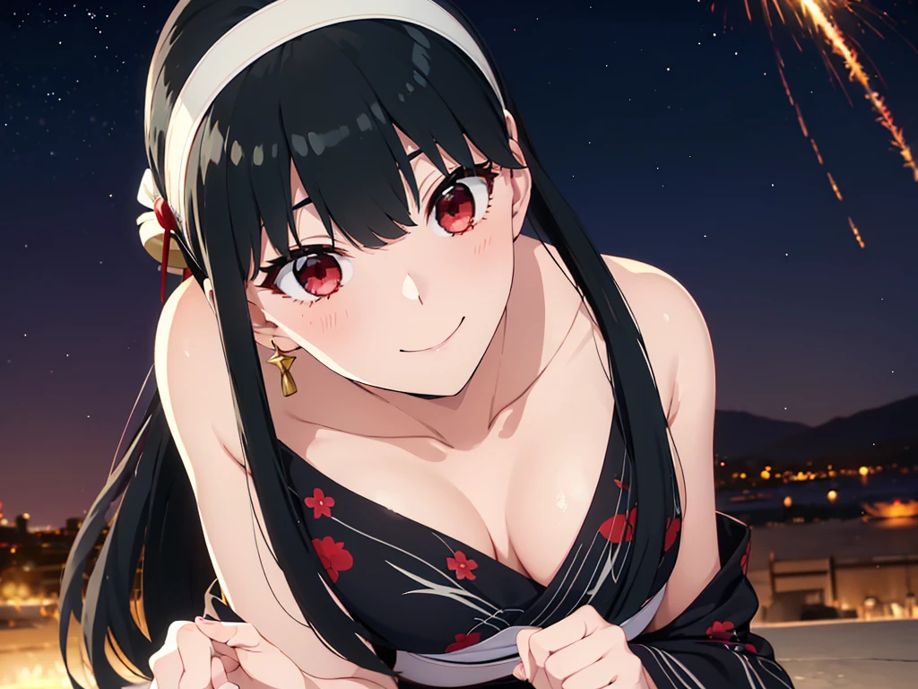 (SFW:1.8、masterpiece, Highest quality),1people々々, 一people々々in, Absurd、現実inは捉えられないディテールと美しさ、hyper Realistic, Realistic,Realistic, Looking at the audience, 美しいbangs:2、魅力的なbangs:2、bangs:2、), Mouth closed, Big Tits Eyes、eyelash、 whole :2、(((Eye highlightsを加える:1.4、Long Hair、She is very 美しい and cute、Show me your ears、Beautiful long neck:1.8、smile、Close your mouth and smile:1.5、bangsと美しい歯)))、Ideal body type、((firework、Night Sky、Night Skyに美しいfirework、))、Beautiful long neck:1.6、Perfect Anatomy、people々Beautiful pads that make you feel happy:2、自然in快適な照明、Keep an eye on your audience、Shadow Fade、Listen carefully、((Black Hair、Red yukata、White hair band、Red eyes))、A starry sky、Rich nature background、fireworkの光、Off the shoulder、Underwear is visible、the chest is slightly visible、Open yukata、The yukata is a little off、Cleavage、White underwear、White Lingerie、Sweat、Night Sky、firework、Eye highlights、Backlight、Lie down