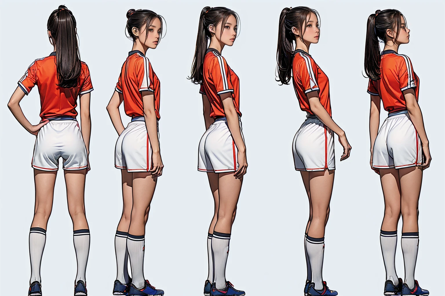 ((masterpiece)),(((Highest quality))),((Reference Sheet, Character Design, front, Rear view, Side view, Mr.々Hairstyle, Facial Expressions)), 14-year-old girl, Cute type, (Very slim:1.4), (Very small ass:1.4), Realistic buttocks, Medium Milk, Short Bob,Sidewave,Thin thighs, Long legs, ((Soccer uniforms, Soccer Shoes)), ((Browsing Caution:1.0))
