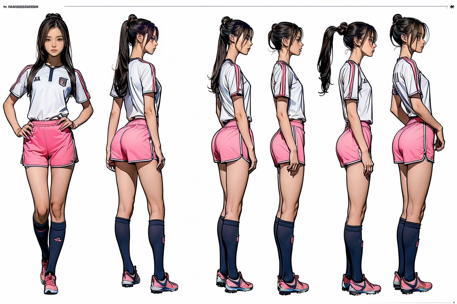 ((masterpiece)),(((Highest quality))),((Reference Sheet, Character Design, front, Rear view, Side view, Mr.々Hairstyle, Facial Expressions)), , Cute type, (Very slim:1.4), (Very small ass:1.4), Realistic buttocks, Medium Milk, Short Bob,Sidewave,Thin thighs, Long legs, ((Soccer uniforms, Soccer Shoes)), ((Browsing Caution:1.0))