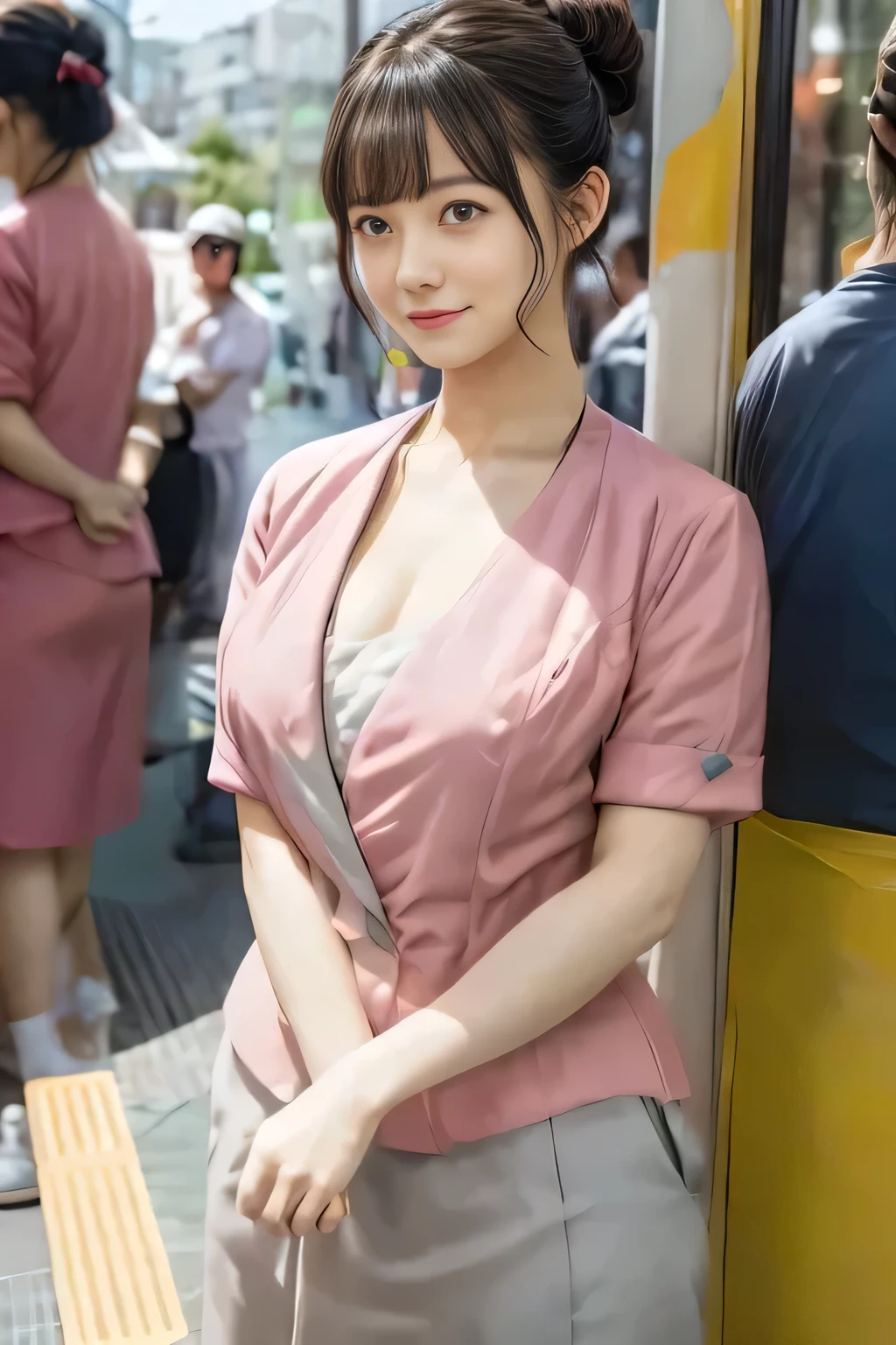 (masterpiece:1.2, Highest quality:1.2), 32k HDR, High resolution, (alone、1 girl)、(On the rooftop of a building in the daytime、Professional Lighting)、Building rooftop background、(Nankai train crew uniform pinkを着たリアルスタイル)、(Nankai train crew uniform pink short sleeve collarless pink jacket、Nankai Train Crew Uniform Pink Collarless Short Sleeve Blouse、Nankai Train Crew Uniform Pink Grey Knee-length Culottes)、((The bottom of the pink short-sleeved jacket cannot be tucked into the clay-colored culottes.))、Dark brown hair、(Hair tied up、Hair Bun、Hair Bun)、Dark brown hair、Long Shot、Big Breasts、Thin legs、((Great hands:2.0)),((Harmonious body proportions:1.5)),((Normal limbs:2.0)),((Normal finger:2.0)),((Delicate eyes:2.0)),((Normal eyes:2.0)))、(Nankai Train Crew Uniform Pink Grey Knee-length Culottesを見せた美しい立ち姿)、smile