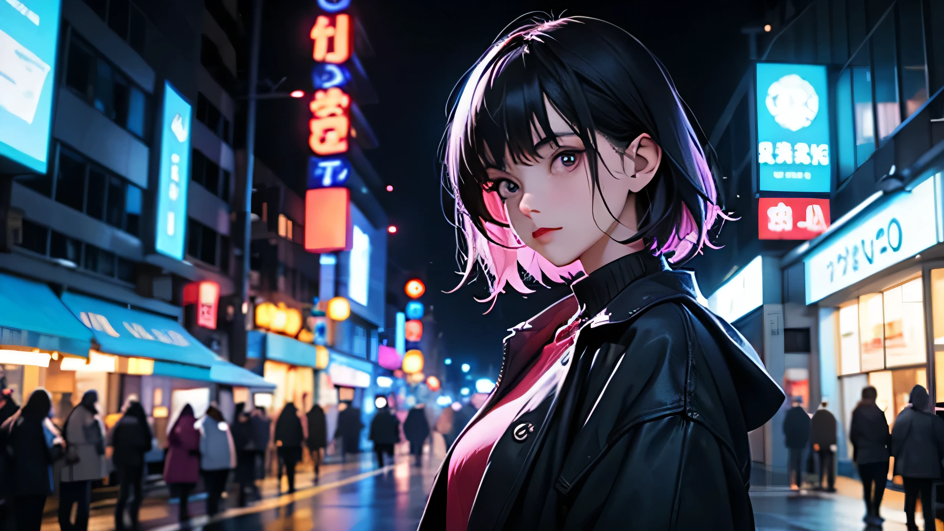 A young woman with short dark hair, wearing oversized headphones and a casual outfit like a loose sweater or jacket Neon signs in various colors, particularly red, blue, and purple, illuminating the scene Wet streets reflecting the neon lights, creating a mirror-like effect Soft focus or slight blur to create a dreamy atmosphere A few distant silhouettes of people or cars to suggest a living city Subtle touches of nostalgia, like a vintage store front or old-fashioned street lamps A color palette dominated by deep blues and purples, with pops of neon colors Light rain or mist to enhance the moody atmosphere