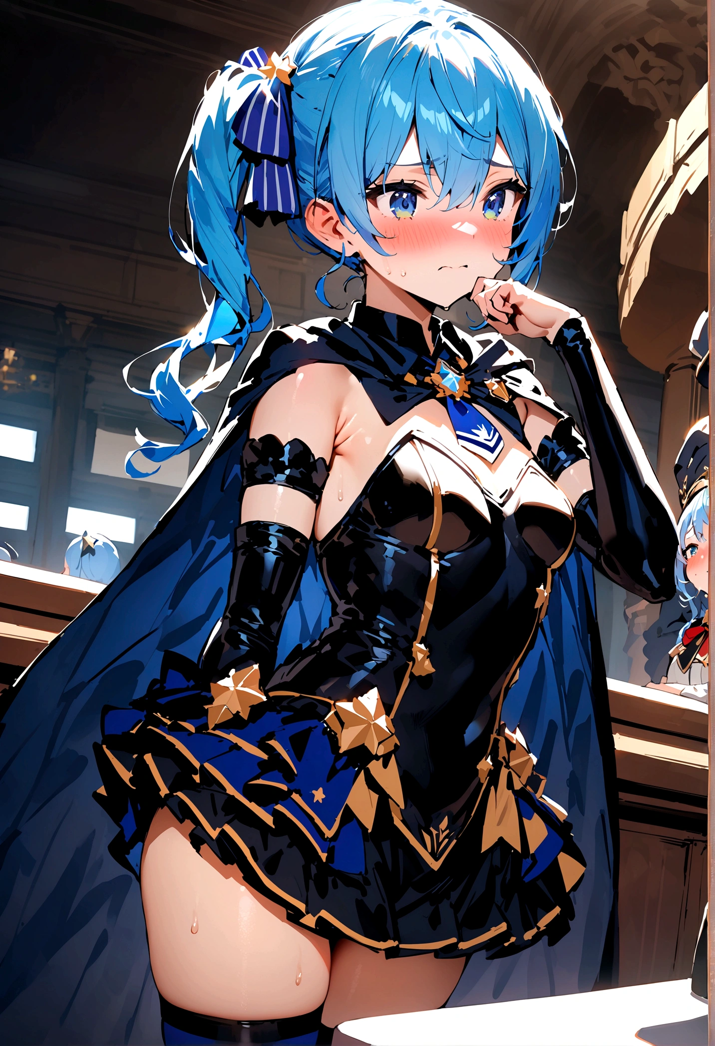NSFW,masterpiece,Highest quality,High resolution,Super detailed,Star Town Suisei\(Hololive\),Blue Hair,One Side Ponytail,Blue Eyes,Small breasts,leotard,Removable sleeves,Micro Mini Skirt,Knee-high socks,Cape,Adventurer's Guild,Reception counter,Embarrassed,blush,Expecting face,(Molester)