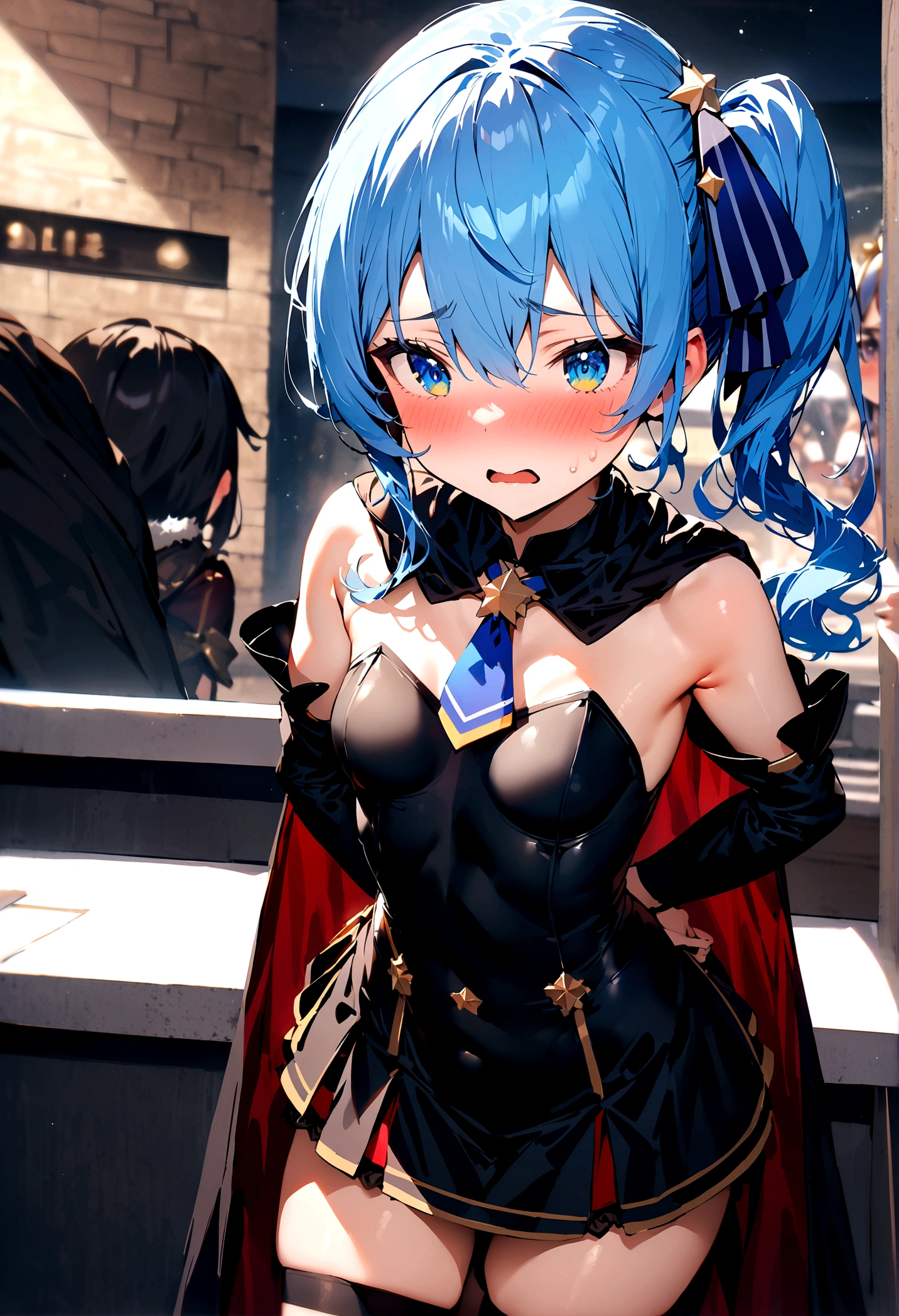 NSFW,masterpiece,Highest quality,High resolution,Super detailed,Star Town Suisei\(Hololive\),Blue Hair,One Side Ponytail,Blue Eyes,Small breasts,leotard,Removable sleeves,Micro Mini Skirt,Knee-high socks,Cape,Adventurer&#39;s Guild,Reception counter,Embarrassed,blush,Expecting face,(Molester)