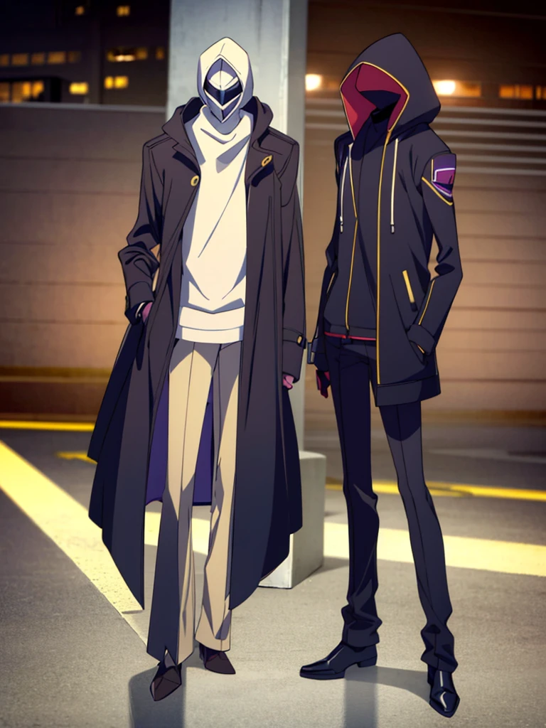 Male, teenager, vigilante, wearing dark clothes, a coat, and a full-face mask, head covered by mask and jacket hood, athletic build, hands in pockets, standing at attention, nighttime setting, lone figure, facing viewer, fully in frame, full body shot, Code Geass style, codeGeass, CODEGEASS