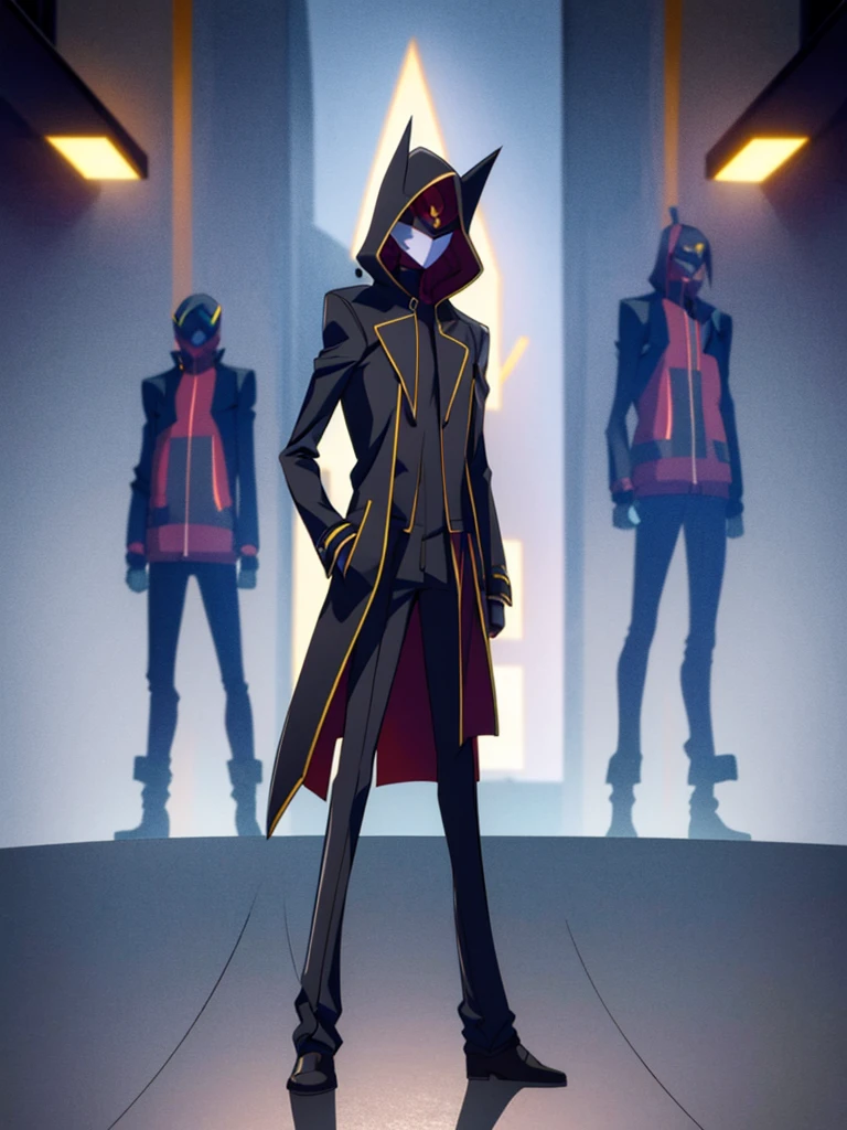 Male, teenager, vigilante, wearing dark clothes, a coat, and a full-face mask, head covered by mask and jacket hood, athletic build, hands in pockets, standing at attention, nighttime setting, lone figure, facing viewer, fully in frame, full body shot, Code Geass style, codeGeass, CODEGEASS