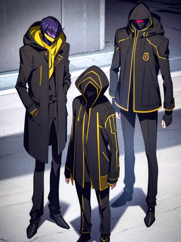 Male, ager, vigilante, wearing dark clothes, a coat, and a full-face mask, head covered by mask and jacket hood, athletic build, hands in pockets, standing at attention, nighttime setting, lone figure, facing viewer, fully in frame, full body shot, Code Geass style, codeGeass, CODEGEASS