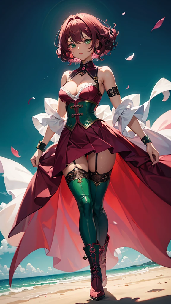 1girl, dark pink hair (short) (curly), dark skin, green eyes (glowing), wearing red corset, jade green dress (slit), jade green boots, green aura around body, light pink knife, wind blowing, absurdres, high res, ultra sharp, 8k, masterpiece, looking at viewer