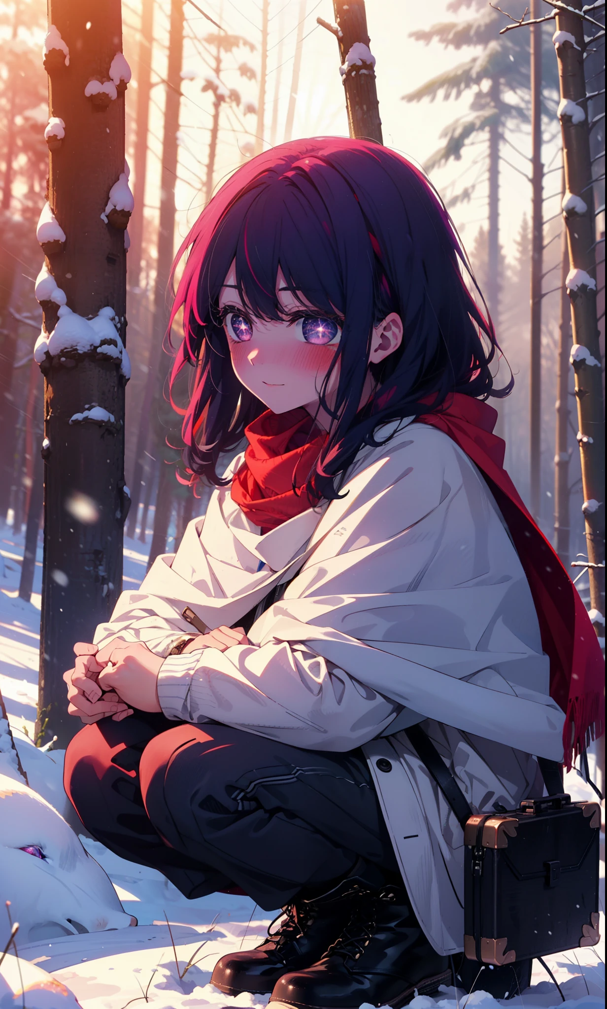 aihoshino, Ai Hoshino, Long Hair, bangs, (Purple eyes:1.1), Purple Hair, (Symbol-shaped pupil:1.5), smile,,smile,blush,White Breath,
Open your mouth,snow,Ground bonfire, Outdoor, boots, snowing, From the side, wood, suitcase, Cape, Blurred, , forest, White handbag, nature,  Squat, Mouth closed, Cape, winter, Written boundary depth, Black shoes, red Cape break looking at viewer, Upper Body, whole body, break Outdoor, forest, nature, break (masterpiece:1.2), Highest quality, High resolution, unity 8k wallpaper, (shape:0.8), (Beautiful and beautiful eyes:1.6), Highly detailed face, Perfect lighting, Extremely detailed CG, (Perfect hands, Perfect Anatomy),
