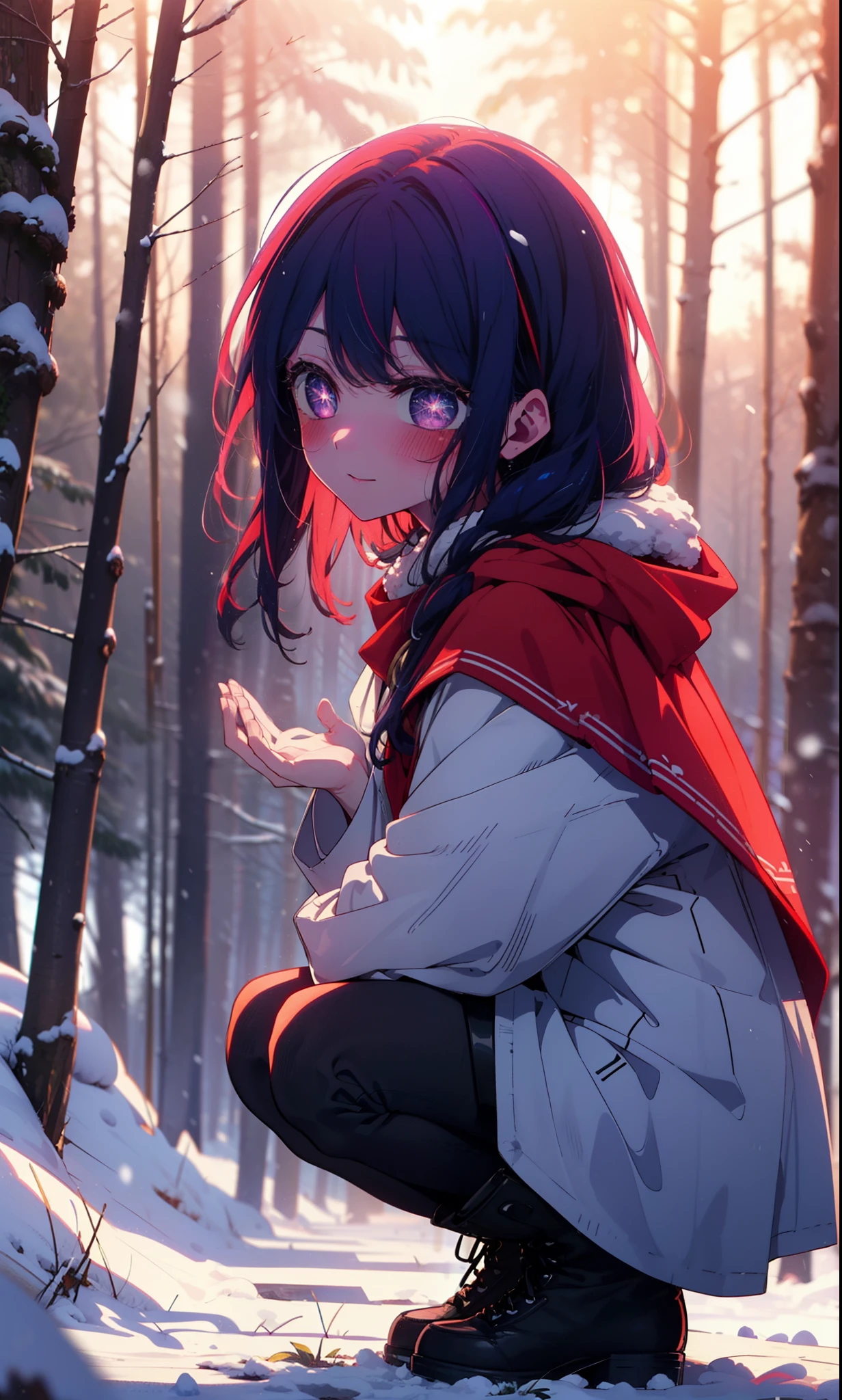 aihoshino, Ai Hoshino, Long Hair, bangs, (Purple eyes:1.1), Purple Hair, (Symbol-shaped pupil:1.5), smile,,smile,blush,White Breath,
Open your mouth,snow,Ground bonfire, Outdoor, boots, snowing, From the side, wood, suitcase, Cape, Blurred, , forest, White handbag, nature, Squat, Mouth closed, Cape, winter, Written boundary depth, Black shoes, red Cape break looking at viewer, Upper Body, whole body, break Outdoor, forest, nature, break (masterpiece:1.2), Highest quality, High resolution, unity 8k wallpaper, (shape:0.8), (Beautiful and beautiful eyes:1.6), Highly detailed face, Perfect lighting, Extremely detailed CG, (Perfect hands, Perfect Anatomy),