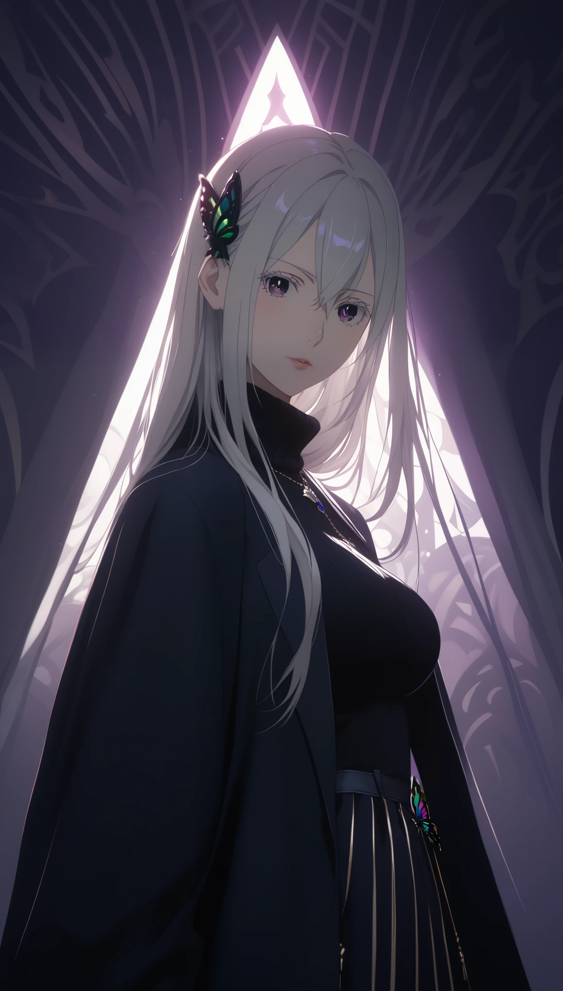 score_9, score_8_up, score_7_up, score_6_up, uncensored, Echidia, echidna, silver hair, long hair, butterfly hair ornament, purple eyes, multicolored eyelashes, BREAK (masterpiece:1.2), best quality, high resolution, (beautiful detailed eyes:1.3), perfect lighting, (perfect hands, perfect anatomy), large breasts, breasts, epic art, fantasy, 1girl, solo, looking_at_viewer, jacket, sweater, upper_body, coat, ribbed_sweater, turtleneck, looking at viewer, glow effects, godrays, Hand drawn, Vivid colors, extremely detailed CG unity 8k wallpaper, trending on CGSociety, Intricate, High Detail, dramatic, hollow eyes, 