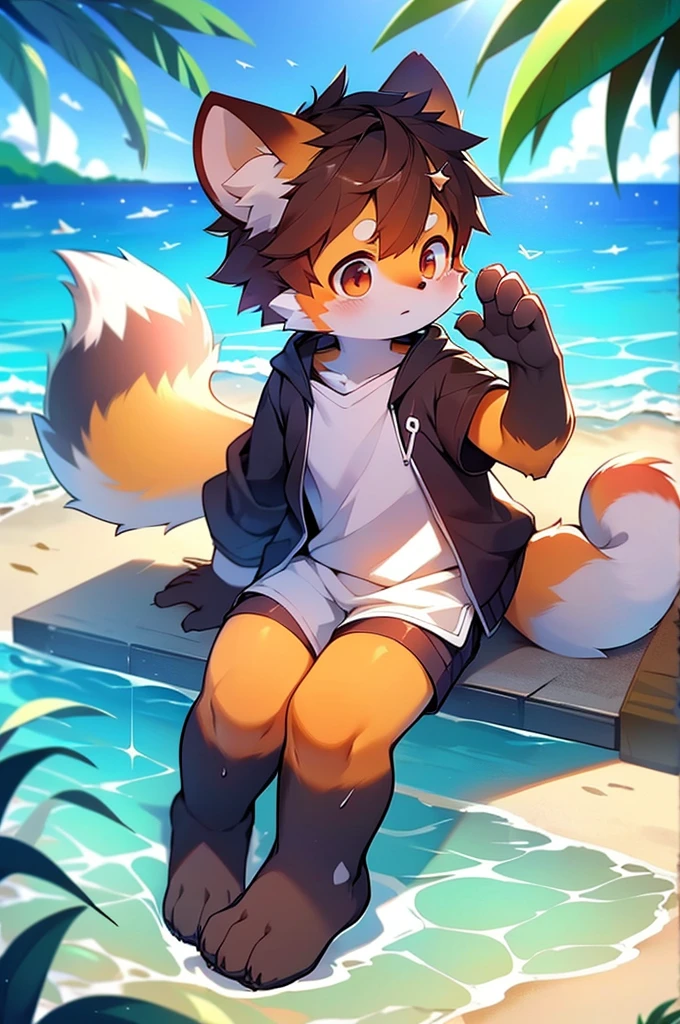 Male Red Panda, Ocean, Appeared wearing a ！One in heat, Sitting,空を飛ぶ，青い光