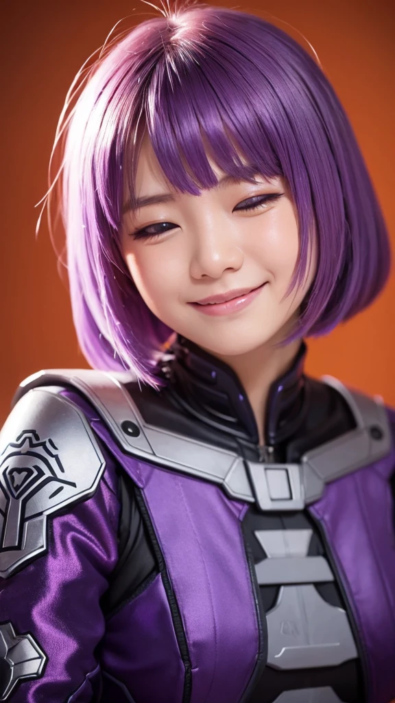 General Raiden, Purple Hair, close your eyes, Smiling girl, Open your mouth, Orange background, Portraiture