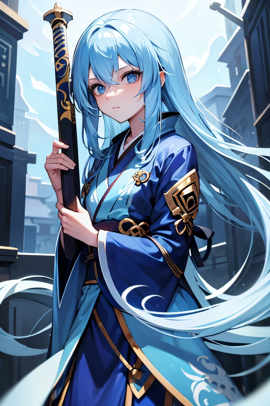 Long Blue Hair, Skinny, Blue eyes, Blue kimono, Swordsman, cute