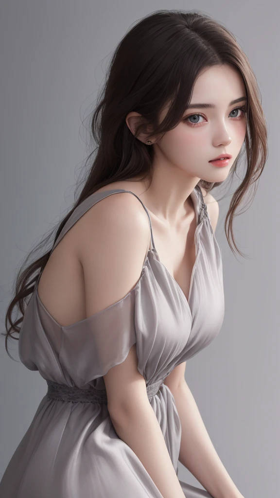 (masterpiece), (Best image quality), 8K resolution, Ultra-fine, 超Ultra-fine, realism, realism, 22 years old、 Small face, No makeup、Beautiful Face, Dark brown hair, Beautiful and beautiful eyes, Big Breasts, 、Silk dress、Cool pose、Gray background,One woman